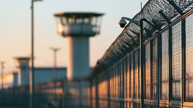 High security prison fence with barbed wire and guard tower at sunset