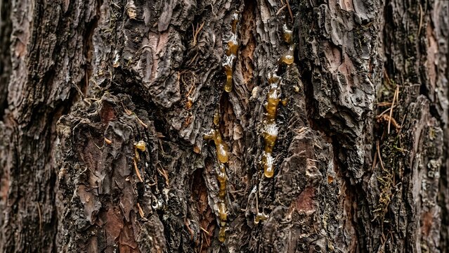 Close up of rough pine tree bark with amber resin oozing down the textured surface
