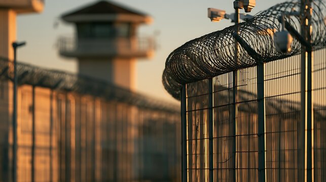 Security perimeter fence with razor wire and surveillance cameras