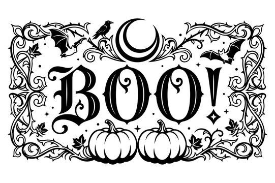 Boo gothic lettering framed by thorny vines pumpkins bats and crescent moon for spooky art