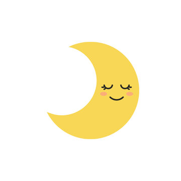 A cute yellow crescent moon with a peaceful sleeping face icon