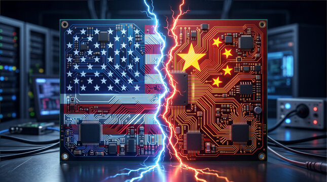 Circuit board with USA and China flags divided by electric lightning, semiconductor chip war and artificial intelligence tech rivalry concept