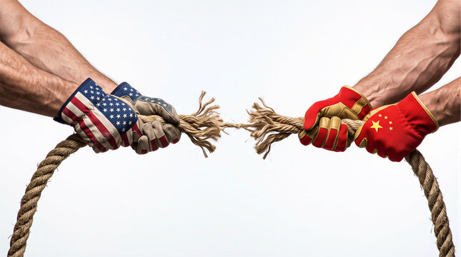 Hands wearing USA and China flag gloves playing tug of war with a fraying rope on white background, geopolitical tension and trade war concept