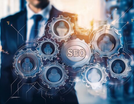 seo concept with gears and business professional in blurred background