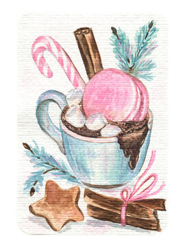 Watercolor Christmas vintage card with a cup of hot chocolate, macaron cookies, marshmallows, candy cane, cinnamon, and fir branches. Elegant drawing in pink and mint color palette on textured paper