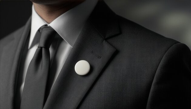 Close up of a businessman wearing a dark suit with a blank white round pin mockup on his lapel, symbolizing corporate identity, election voting, membership, and branding.