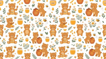 Fototapeta premium Cute Teddy Bear Seamless Pattern with Gifts and Playful Icons