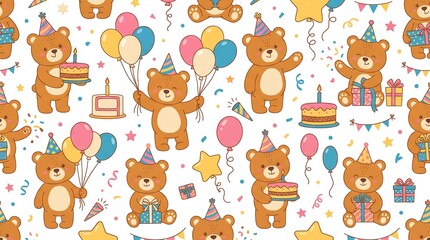 Obraz premium Teddy Bears Birthday Party Seamless Pattern with Gifts and Balloons