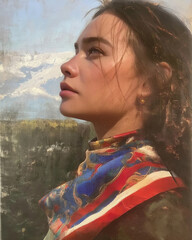 Portret kobiety w profilu, spoglądającej w górę. Ma na sobie kolorowy, wzorzysty szal. W tle widać górski krajobraz ze śniegiem i lasem. Artystyczny styl przypomina malarstwo.