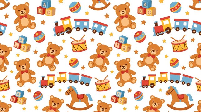 Children's Toy Teddy Bear Seamless Pattern with Playful Toys