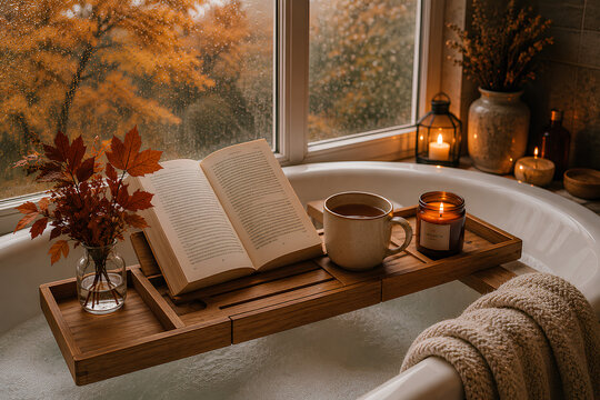 Bath tray with book, candle, tea and autumn foliage outside