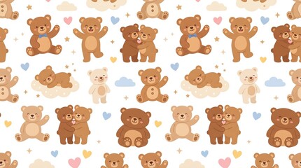 Obraz premium Teddy Bear Vector Seamless Pattern with Cute Bear Characters