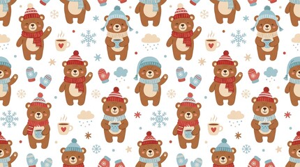 Fototapeta premium Teddy Bear Winter Seamless Pattern with Snowflakes and Scarves