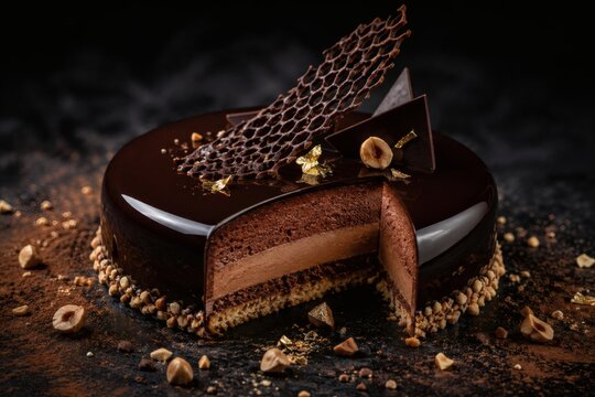 Dark Chocolate Entremet with Hazelnut Praline and Cocoa Lace