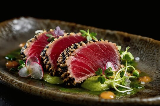 Sesame Crusted Tuna Tataki with Avocado and Herb Oil Modern Cuisine