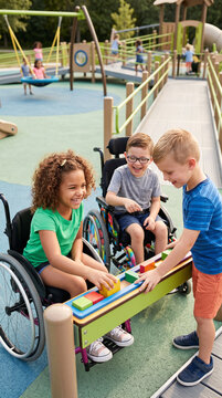 Children playing an inclusive wheelchair-friendly outdoor game in a modern playground, diverse abilities, friendship and accessibility, ramps and accessible play equipment, Children's Day 