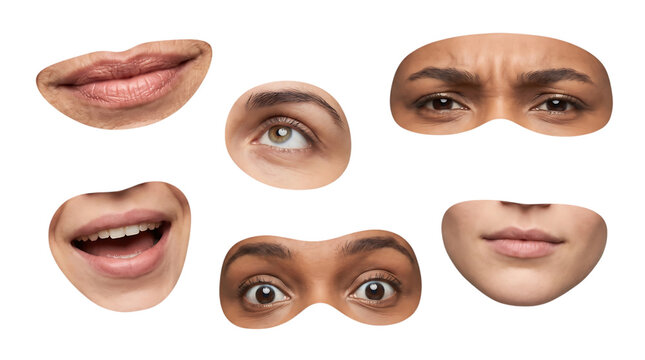 Set of various human facial expressions and features isolated on transparent background