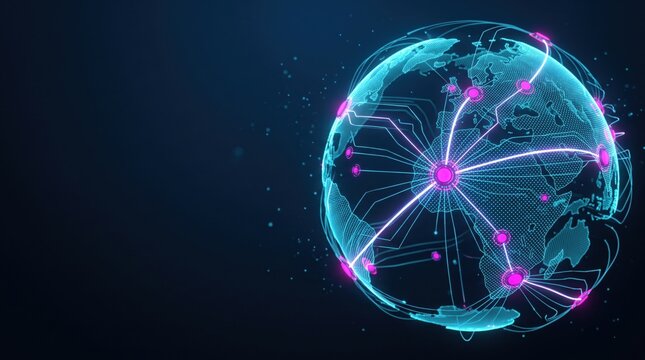 Futuristic glowing globe with interconnected digital network lines and bright pink accents