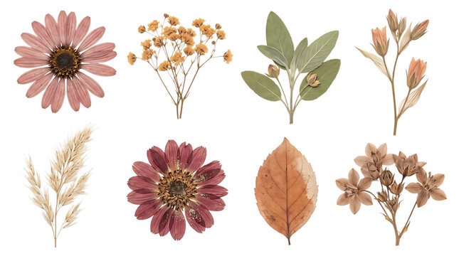 Collection of dried flowers and leaves isolated on transparent background