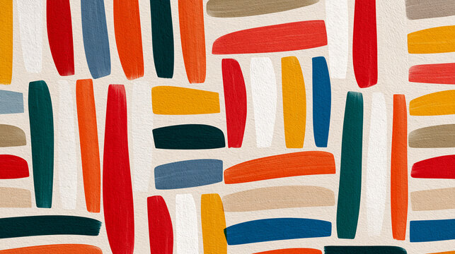 Abstract Hand Painted Brush Stroke Pattern with Colorful Geometric Shapes on Cream Background