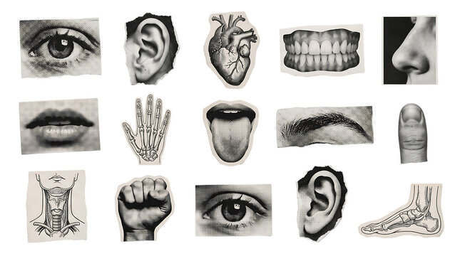Collection of vintage anatomical illustrations and human body parts isolated on transparent background