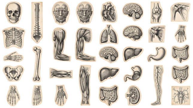 Vintage anatomical illustrations of human body parts and organs collection isolated on transparent background