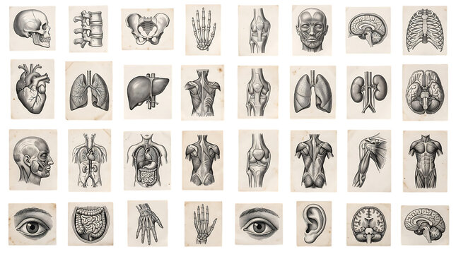 Vintage anatomical illustrations of human body parts and organs collection isolated on transparent background