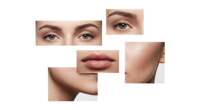 Collage of closeup beauty shots of a young womans face isolated on white isolated on transparent background