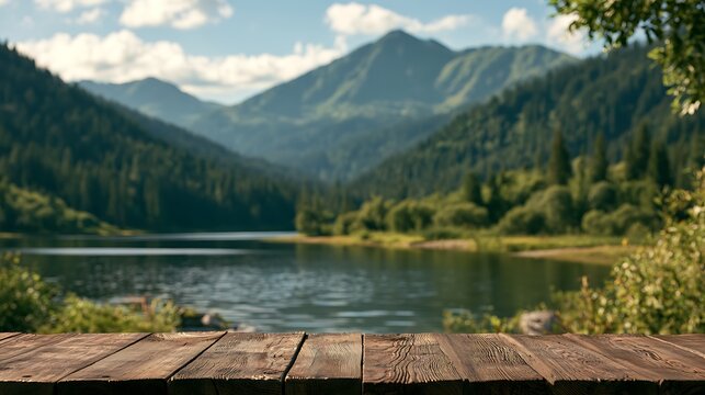 Wooden table top in front of a stunning scenic landscape with a serene lake and majestic mountain range