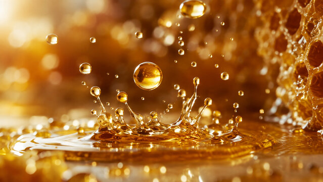 Golden Honey Splash with Suspended Droplets.