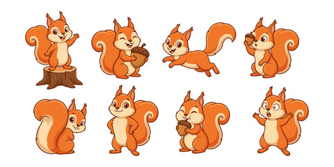 Obraz premium Cartoon Squirrel Characters in Various Poses Holding Acorns and Expressing Emotions
