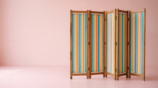 Striped folding beach privacy screen on a pastel pink background, colorful 3D illustration with a nostalgic summer vacation and seaside aesthetic.