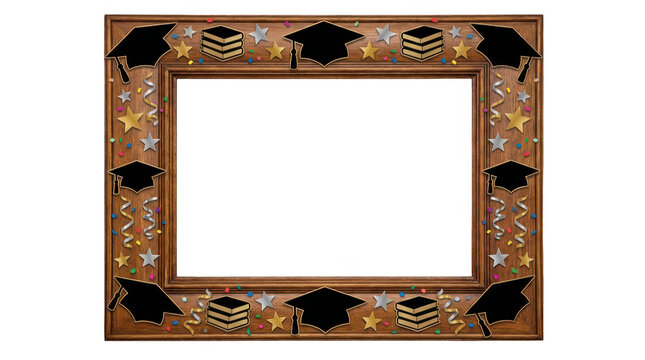 Graduation themed wooden picture frame with mortarboards and books isolated on transparent background