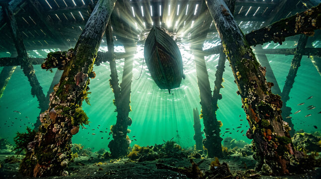 Low Angle Underwater View of Weathered Wooden Pier with Piercing Sunlight