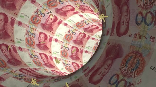Infinite loop of moving through a tunnel made of chinese yuan banknotes