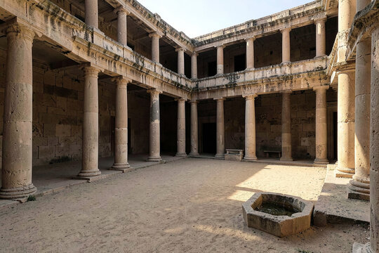 Ancient colonnaded exercise court with sand floor and basin