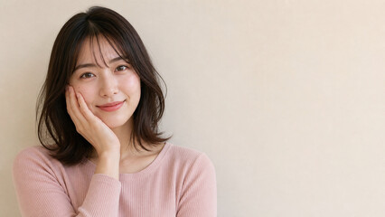 Obraz premium スキンケア 頬に手を添えてほほえむ日本人女性と余白のある背景