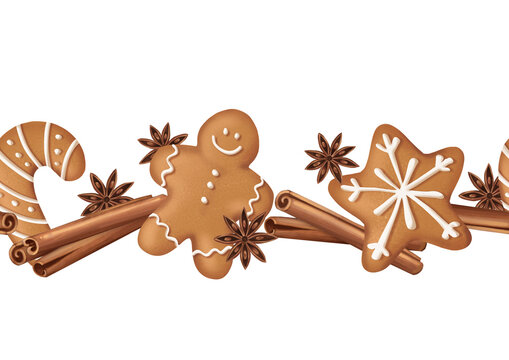 Hand-drawn Christmas gingerbread cookie cinnamon star anise seamless border illustration