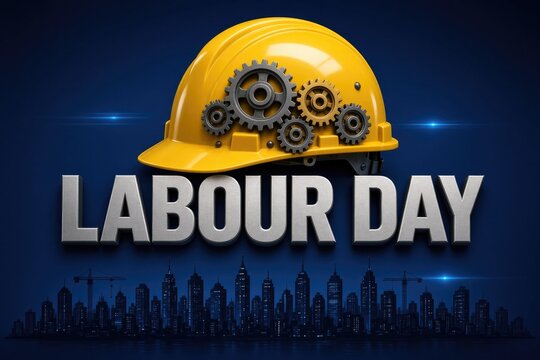 Bright yellow hard hat adorned with gears symbolizes Labor Day celebration, urban skyline backdrop
