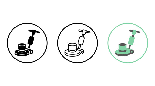 Set of floor buffer machine icons in circle showing solid black line art and flat color styles for cleaning equipment theme