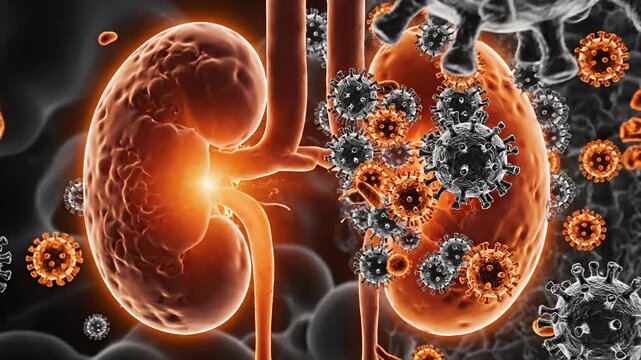Kidneys with bacteria and virus particles attacking them