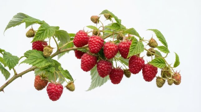 Fresh red raspberries on a branch with green leaves