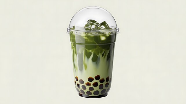 Iced matcha green tea latte with tapioca boba pearls