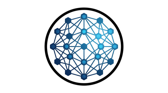 Abstract blue neural network geometric logo isolated on white background. Modern vector icon for artificial intelligence, machine learning, data science, tech company, and digital innovation.