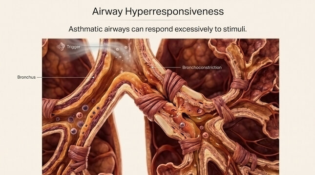 Asthmatic airways responding excessively to stimuli detailed anatomical medical diagram