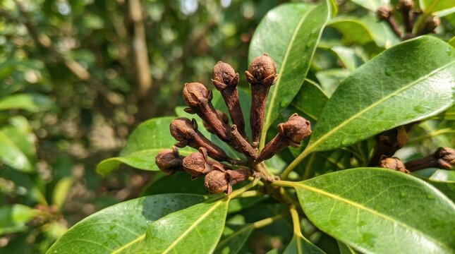 Cloves growing on clove tree branch with green leaves