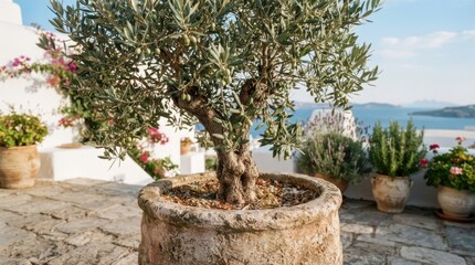 Fototapeta premium Potted olive tree on a terrace overlooking the sea