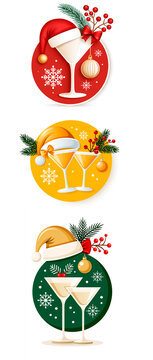 Martini glass, Santa hat, Christmas tree branch, round sticker design flat style isolated on white background
