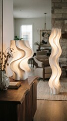 Fototapeta premium Modern organic design lamps with wavy sculptural shape in cozy living room interior