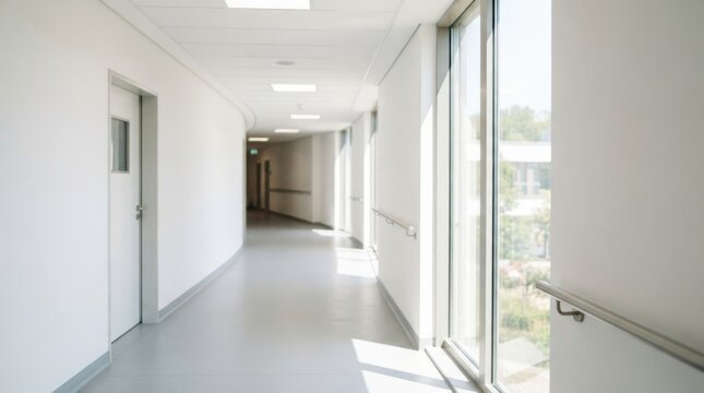 Bright modern hospital corridor with large windows and white walls